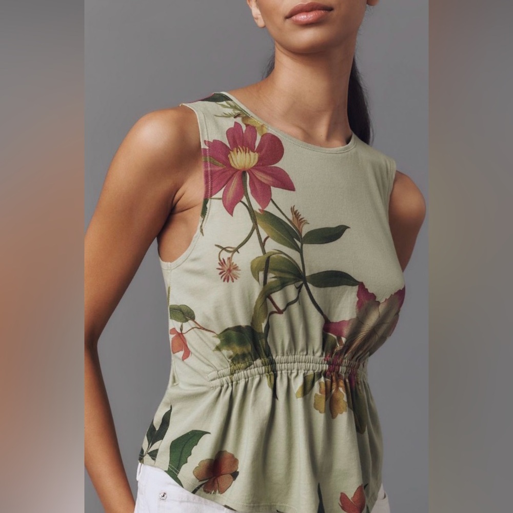 Anthropologie Green Floral Cotton Gathered Tank Top - Picture 9 of 10